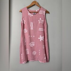 Match Point USA Dress 100% Linen V-Neck Pink & White Boho Coastal Sea Life‎ Sz S